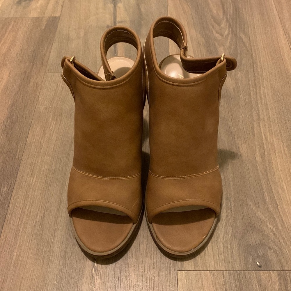 Aldo size 6.5 open toe heels, tan, sexy, WORN ONCE